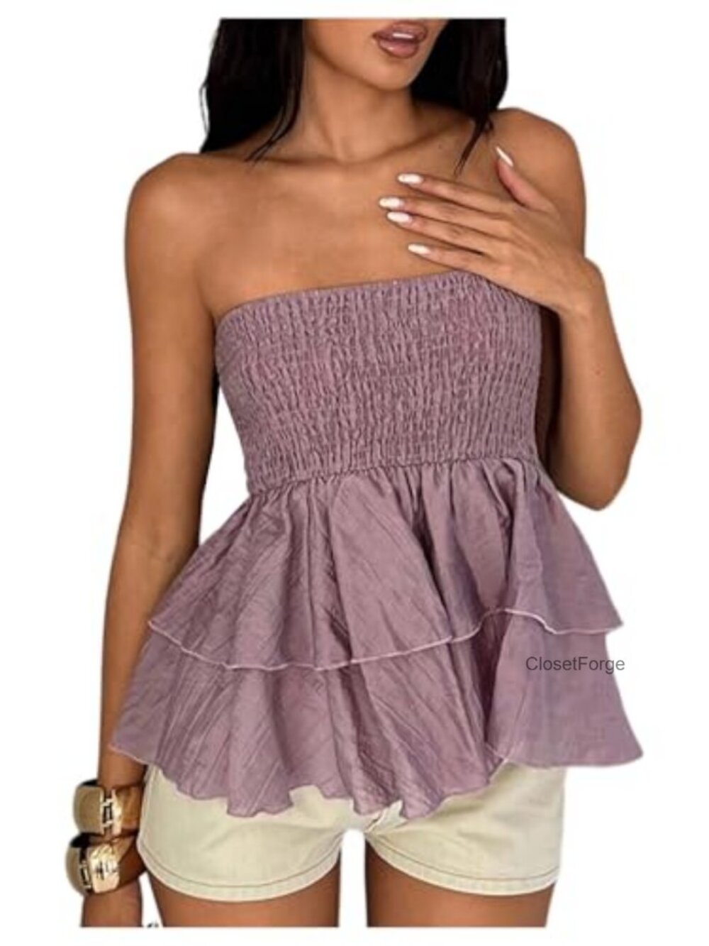 SHENHE Smocked Tube Top Ruffle Flowy Strapless Bandeau